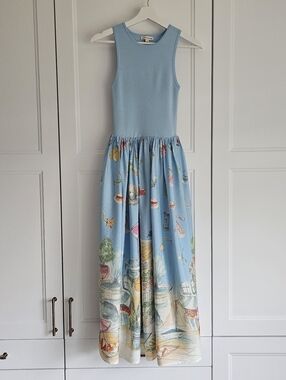 Moon River Sky Blue Sleeveless Anouk Tank Maxi Dress with Playful Beach Print M